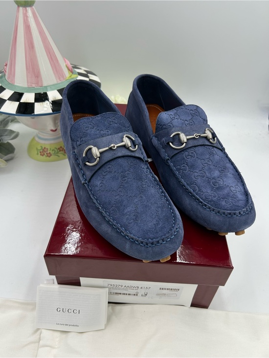 Men\'s Gucci blue suede GG embossed driver loafers size 12 fits 12.5 US